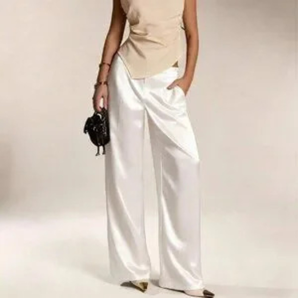 ZARA White Elegant Women's Satin Silk Pants with Pockets and Zipper